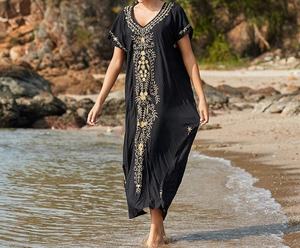 Classic Black Embroidered Loose Fit Long Length <b>Kaftan</b> <b>Dress</b> With Beautiful Black And White Embroidery Summer Wear <b>Women</b> <b>Kaftan</b> - Product Image 3