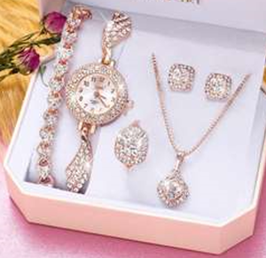 Ensemble de montres de luxe entièrement serties de cristaux, collier et boucles d'oreilles en diamants, bijoux pour femmes, cadeau - Product Image 1