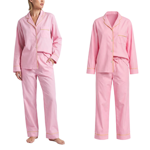 Conjunto de Pijama Feminino Personalizado <span class=keywords><strong>100</strong></span>% Algodão Térmico Longo com Cordão Decote em V Listrado Respirável 220gsm Top e Shorts - Product Image 1