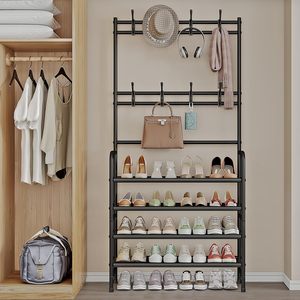 5-Layer Free Standing Metal Coat & <b>Shoe</b> Rack with Hooks Sturdy & Durable Rust-proof Detachable Stand for Living Room and Bags - Product Image 4