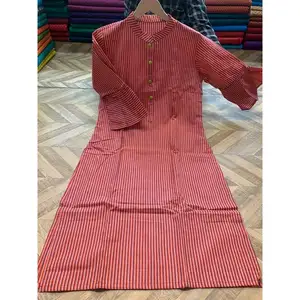 Women's Cotton Kurti Indian Printed Straight Kurta Kurti Long Two Side Cuts Casual Wear Kurti With Bell Sleeves