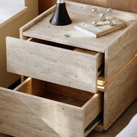 Mesa de Noche de Travertino, Estilo Italiano Retro Moderno Minimalista, Inteligente con Luz, Almacenamiento, Mesa Auxiliar de Madera Maciza para Sala de Estar