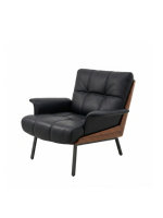 Fauteuil lounge moderne en cuir noir avec structure en bois de noyer, fauteuil rembourré avec pieds en métal pour salon