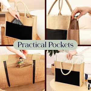 New Fashion Engagement Gift Shopping Beach Lunch Holiday Zipper Pocket Canvas Women's Hand <b>Black</b> Jute <b>Bag</b> Price - Product Image 3