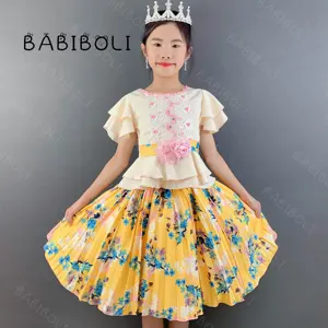 BABIBOLI Baby Yellow Dresses Girl Kids Print Flowers Baby Princess Party Wears Gowns Shortsleeve Two Pieces Clothing Frock
