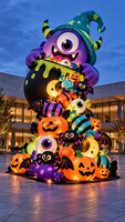 Monstre gonflable violet à un œil avec chapeau de sorcière pour Halloween, monstre empilable avec citrouilles et chauves-souris pour la décoration de jardin extérieur et de fête