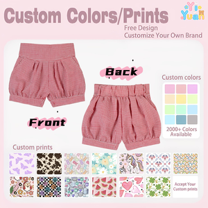 Pantalones cortos de burbuja de cintura alta para niñas, con estampado de guinga floral y tie-dye, con bolsillos, dobladillo con vuelta, sueltos, informales, de verano, tipo harem para niños - Product Image 3