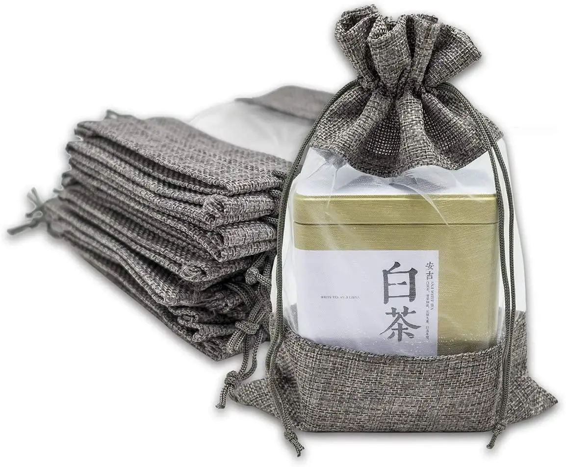 Wholesale reusable natural jute organza bags drawstring tea pouch