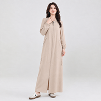 Robe longue kaki à col montant et fermeture éclair intégrale avec poches, Abayas du Golfe douces pour femmes musulmanes, tenue décontractée et modeste