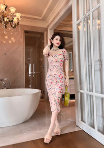 ZYHT – robe crayon à manches courtes pour femme, tenue élégante de styliste coréen Vintage à fleurs froncées et fendues - Product Image 6