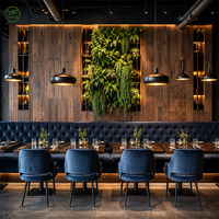 Meubles de restaurant de luxe sur mesure en gros, ensemble table et chaises en bois massif avec banquette bleue pour café et hôtel