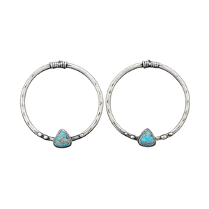Boucles d'oreilles créoles en argent tibétain avec pierre turquoise sertie, style bohème, bijoux unisexes, plaqué argent antique - Product Image 1