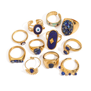 JZ001 Vintage Boho <b>Ring</b> | 18K Gold Plated Stainless Steel With Blue <b>Cat</b> Eye & Jade | Bridal & Everyday Jewelry - Product Image 2