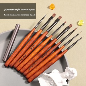 Japanese Sandalwood Handle Nail Art Brush <b>Set</b> with Cap Round Flat Head for UV Gel Flower Painting - Product Image 3