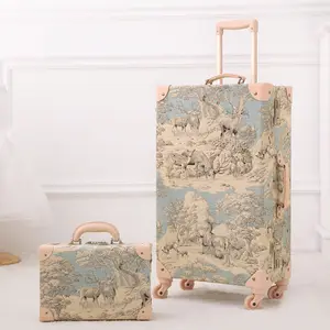 13in 20in 24in 26in Vintage Old Fabric Travel Trolley Luggage Sets With Combination Lock Rolling Suitcases With Spinner Wheels