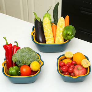 Double Layer Plastic Drain <b>Basket</b> Set 6 Or 8 Piece Kitchen Vegetable Washing Colander With Lid For Fruits And Vegetables - Product Image 2