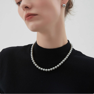 Pearl Necklace <b>Silver</b> Grey Round Ball <b>Choker</b> Women's Everyday Wear Leisure Geometric Design - Product Image 2