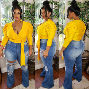 Moda mujer de talla grande sólido con cuello en V camisa con cinta solamente Top - Product Image 4