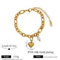 Bracelet chaîne épaisse en acier inoxydable plaqué or 18 carats avec pendentif cœur creux et perles acryliques pour femme