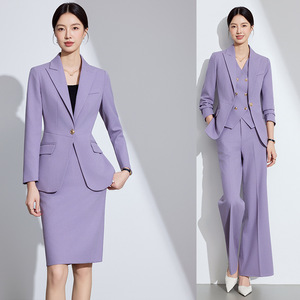 Women's Purple Suit Set Full Sleeve Polyester Worsted Anti-Wrinkle Office Lady Autumn Formal Workwear - Product Image 1