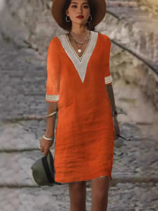 <span class=keywords><strong>Abito</strong></span> Casual da donna europeo e americano <span class=keywords><strong>in</strong></span> cotone <span class=keywords><strong>con</strong></span> scollo a V manica <span class=keywords><strong>in</strong></span> <span class=keywords><strong>pizzo</strong></span> <span class=keywords><strong>con</strong></span> motivo floreale stampa digitale tinta unita - Product Image 5