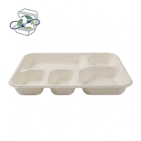 Wegwerp witte bagasse schaal met vijf compartimenten, suikerrietpulp voedselcontainer, biologisch afbreekbaar, afhaallocatie doosje