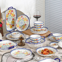 Ensemble de bols en céramique de style japonais, motif végétal bohème créatif, couleur sous-glaçure, vente en gros, bols, assiettes, plats, vaisselle