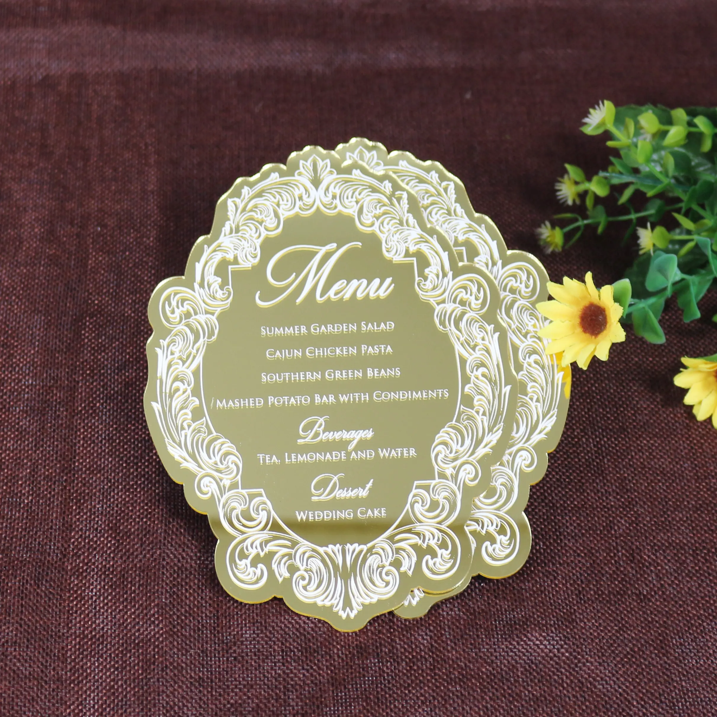 Popular gold mirror acrylic thickness 2mm acrylic foiling printing menu with custom design
