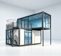 Tienda Modular de Dos Pisos en Contenedor, Techo de Madera y Vidrio con Terraza y Escalera para Kiosco de Exhibición
