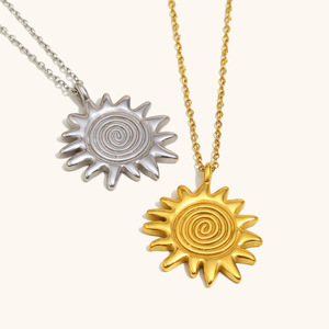 Collier pendentif soleil avec <span class=keywords><strong>empreinte</strong></span> <span class=keywords><strong>digitale</strong></span> en chaîne à maillons en acier inoxydable plaqué or 18 carats, style vintage tendance pour femmes, bijoux - Product Image 4