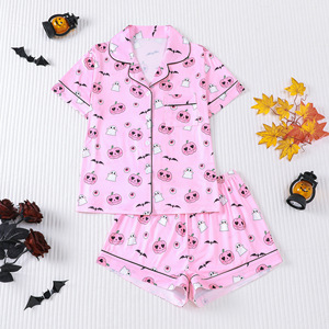 Set Minimalista e Carino per Halloween, Pigiama da <span class=keywords><strong>Donna</strong></span> con Stampa di Zucca, Fantasma e Pipistrello, Camicia a Maniche Corte con Bottoni, Logo Personalizzabile - Product Image 5