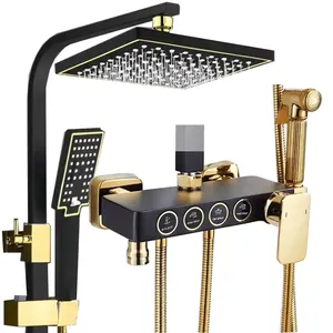 Luxury Bathroom Full Shower System Black Gold brass Piano 4 keys Bathtub Mixer Faucet Hot Cold Bathroom Tap Thermostatic Shower