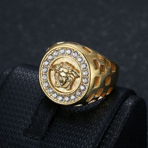 Men's Gold Plated <b>Titanium</b> Steel <b>Ring</b> With Lion Head And Diamond Pave Setting For Hip Hop Fashion Jewelry Gift - Product Image 2