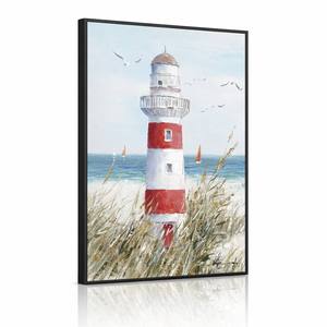 Cuadro al por mayor de faro enmarcado en lienzo impasto, arte de pared con marco negro, paisaje costero, velero impresionista rojo y blanco, decoración oceánica. - Product Image 2