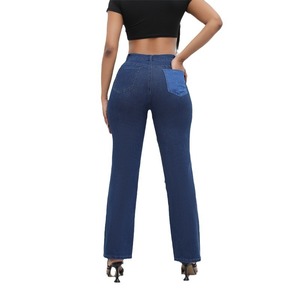 Jeans da <span class=keywords><strong>Donna</strong></span> a Vita Alta Elasticizzati <span class=keywords><strong>con</strong></span> Gamba Larga e Decorazione Tasche <span class=keywords><strong>Pantaloni</strong></span> a Zampa Casual Streetwear - Product Image 4