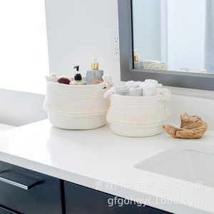 Cotton Rope Woven <b>Storage</b> <b>Basket</b> Set Round Beige Toy Diaper Organizer 3 Piece Bohemian Style Tassel Design - Product Image 4