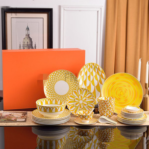 ชุดจานเซรามิกสีเหลืองสไตล์ยุโรปสุดหรู 41 ชิ้น ขายดี - Product Image 1