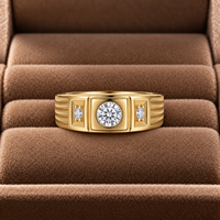 Bague de déclaration pour homme en or massif 14K 18K, large, à trois pierres, avec diamants de laboratoire à taille ronde et nervurés