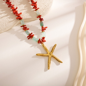 Summer Beach Wind, Coral colorido, piedra natural, estrella de mar de acero inoxidable, collar de cuentas con colgante de pez pequeño para joyería de mujer - Product Image 4