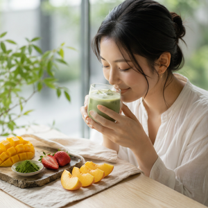 Matcha au goût frais et fruité, matcha japonais premium non sucré aromatisé à la pêche, poudre de matcha |   Sans sucre ajouté |   Boissons au matcha - Product Image 3