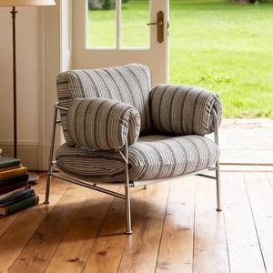 Fauteuil simple en tissu rayé de style vintage, gris et blanc, avec accoudoirs en acier inoxydable, pour salon - Product Image 3