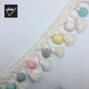 Nouveau design bordure à franges pompons de couleurs mélangées avec pompon écru