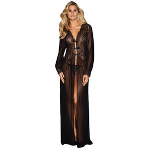 Wholesale Sexy Nighty Design Black Sheer Long Sleeve Lace <strong>Transparent</strong> <strong>Night</strong> <strong>Gown</strong> for Woman - Product Image 1