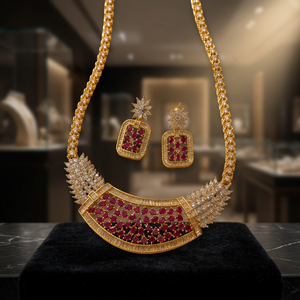 Indian <b>Ruby</b> CZ Brass Choker <b>Necklace</b> Set Bridal Gold Plated Cubic Zirconia Fashion Jewelry for Women Wedding Parties - Product Image 2