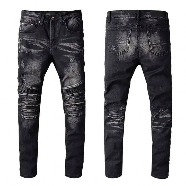 New Italy Style #607# Men's Moto Zippers Pants Patchwork Leather Ripped Skinny Denim Washed Black Biker Jean Slim Trousers 28-40