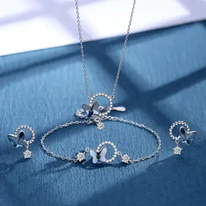 High Quality 925 Silver Genuine Austria Crystal Stud Earrings Bracelet Necklace Butterfly Jewelry Set