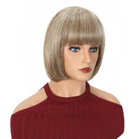 Perruque complète en cheveux naturels sans lacet, style bob, fabrication à la machine, courte, couleurs mélangées blond et brun, modèle 024