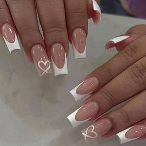 <span class=keywords><strong>Faux</strong></span> ongles de style français <span class=keywords><strong>rose</strong></span> <span class=keywords><strong>clair</strong></span>, mi-longs, tête carrée, motif cœur, ongles à presser - Product Image 2