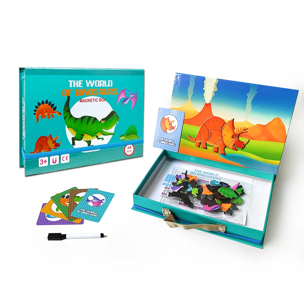 Produk baru mainan dinosaurus Dunia kotak hadiah magnetik Puzzle magnetik 48 buah teka-teki Jigsaw dengan pena buku sibuk