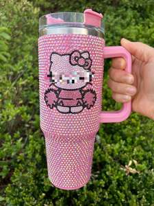 Toptan özel tasarım yüksek kalite Rhinestone karikatür <span class=keywords><strong>Kitty</strong></span> Tumblers KT seyahat kapaklar ve saman ile kahve kupası kupalar - Product Image 3